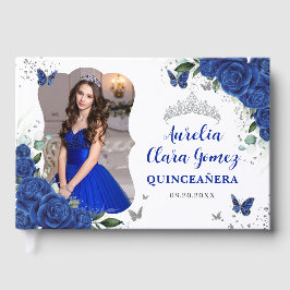Royal Blue Floral Silver QUINCEAÑERA 15 Photograph ゲストブック