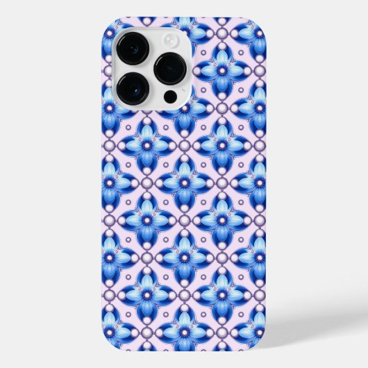 Royal Blue Floral Tile Luxe ✨ Pearl Accent Elegant iPhoneケース (裏面)