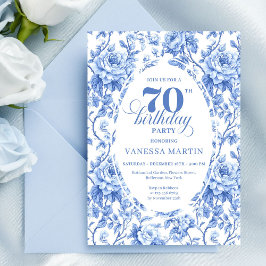 Royal Blue Floral Toile 70th Birthday Invitation 招待状