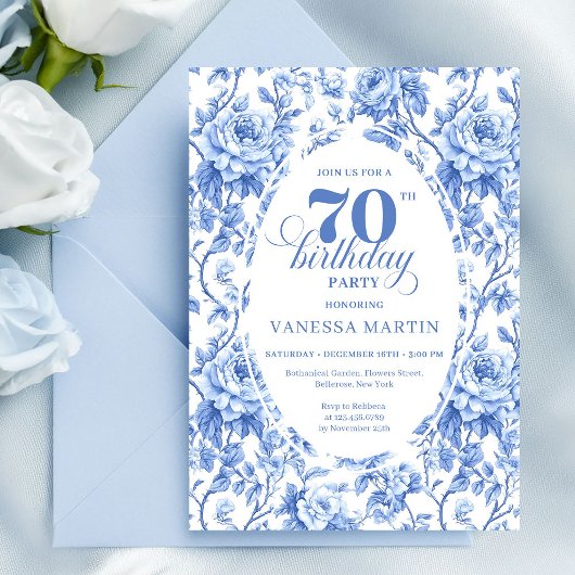 Royal Blue Floral Toile 70th Birthday Invitation 招待状