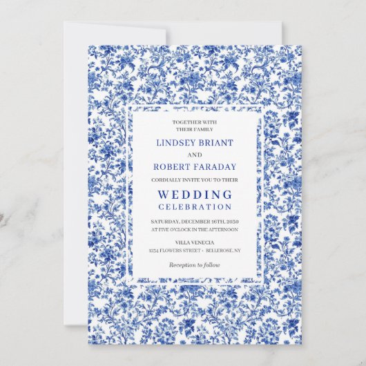 Royal Blue French Toile Floral Wedding Invitation 招待状 (正面)