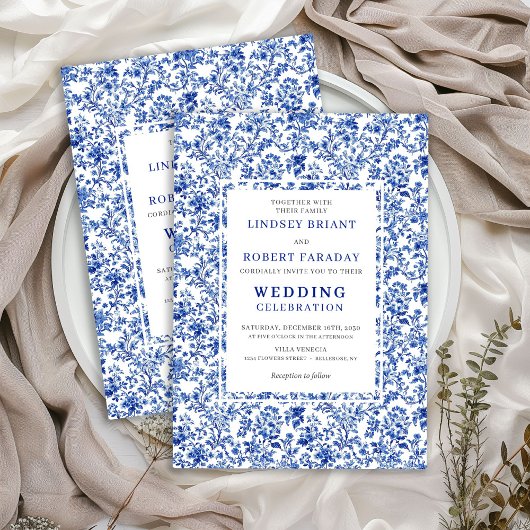 Royal Blue French Toile Floral Wedding Invitation 招待状