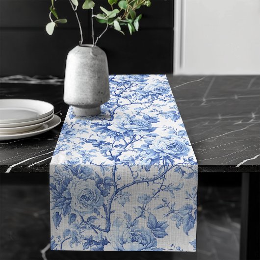 Royal Blue French Toile Roses Floral Table Runner ロングテーブルランナー
