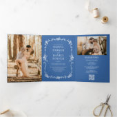 Royal Blue French Victorian QR Code Photo Wedding 三つ折り招待状 (内部)