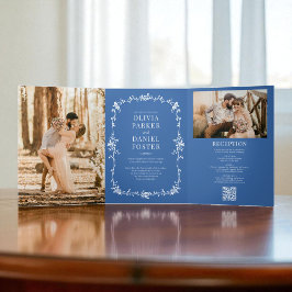 Royal Blue French Victorian QR Code Photo Wedding 三つ折り招待状