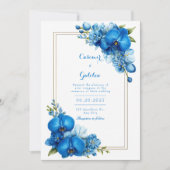 Royal Blue Gilded Botanical Orchid Wedding 招待状 (正面)