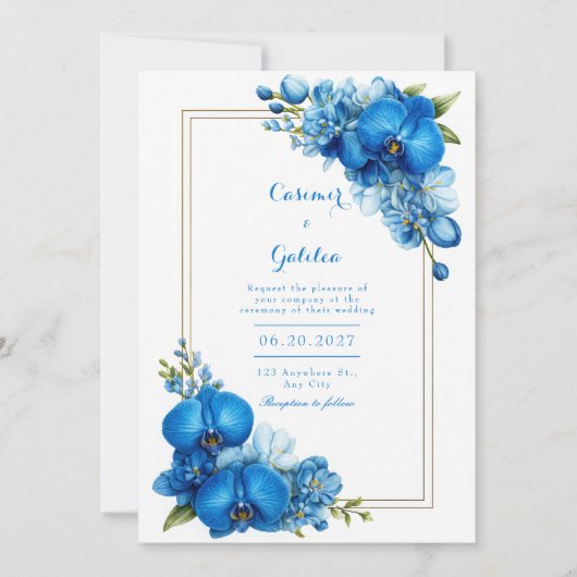 Royal Blue Gilded Botanical Orchid Wedding 招待状 (正面)
