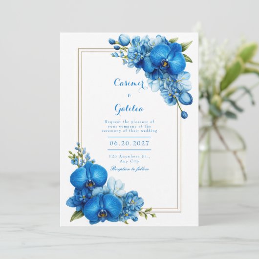 Royal Blue Gilded Botanical Orchid Wedding 招待状 (スタンド正面)