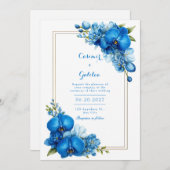 Royal Blue Gilded Botanical Orchid Wedding 招待状 (正面/裏面)