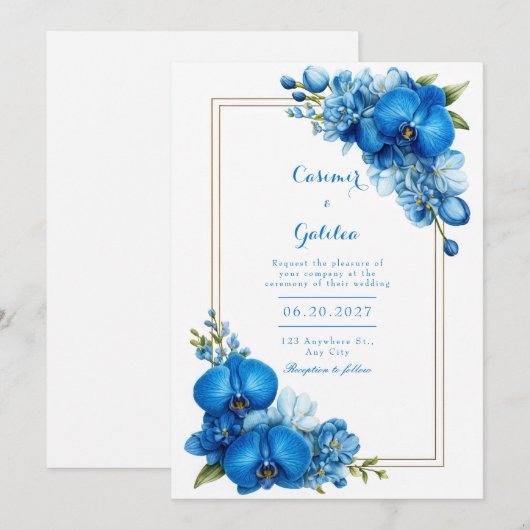 Royal Blue Gilded Botanical Orchid Wedding 招待状 (正面/裏面)