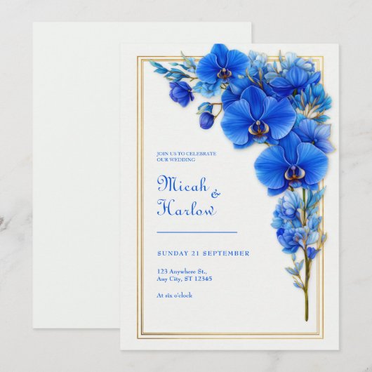 Royal Blue Gilded Orchid Wedding 招待状 (正面/裏面)