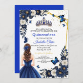 Royal Blue Gold Butterfly Quinceañera Invite 招待状 (正面/裏面)