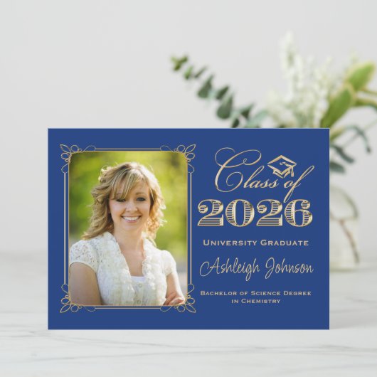 Royal Blue, Gold Class of 2026 Photo Graduation 招待状 (スタンド正面)