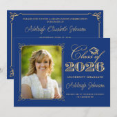 Royal Blue, Gold Class of 2026 Photo Graduation 招待状 (正面/裏面)
