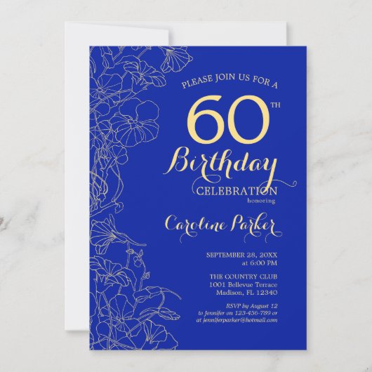 Royal Blue Gold Floral 60th Birthday 招待状 (正面)