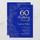 Royal Blue Gold Floral 60th Birthday 招待状 (正面/裏面)