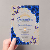 Royal Blue Gold Floral Quinceanera アクリル招待状 (インサイチュ (ポータブル))