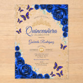 Royal Blue Gold Floral Quinceanera アクリル招待状 (正面)