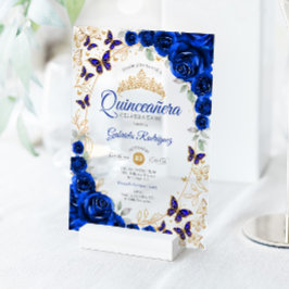 Royal Blue Gold Floral Quinceanera アクリル招待状