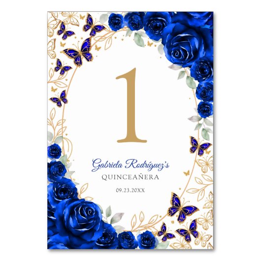 Royal Blue Gold Floral Quinceanera テーブルナンバー (正面)