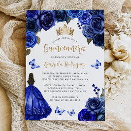 Royal Blue Gold Floral Quinceañera 招待状