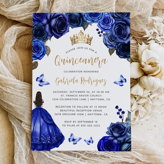 Royal Blue Gold Floral Quinceañera 招待状