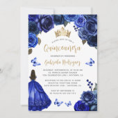 Royal Blue Gold Floral Quinceañera 招待状 (正面)