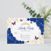 Royal Blue Gold Floral Quinceanera Reply 出欠カード (スタンド正面)