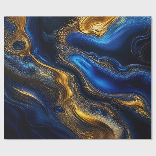 Royal Blue & Gold Fluid Art ラッピングペーパー (フラット)