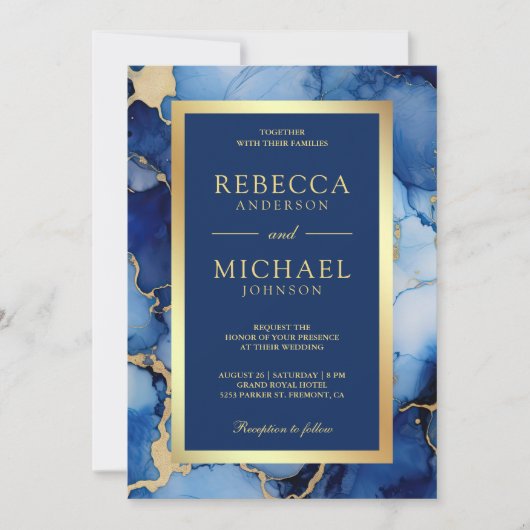 Royal Blue Gold Fluid Ink QR Code Wedding 招待状 (正面)