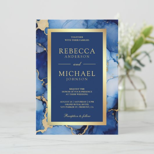 Royal Blue Gold Fluid Ink QR Code Wedding 招待状 (スタンド正面)