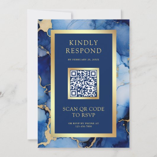 Royal Blue Gold Fluid Ink QR Code Wedding 招待状 (裏面)
