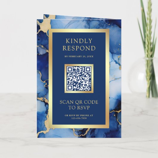 Royal Blue Gold Fluid Ink QR Code Wedding 招待状 (裏面)