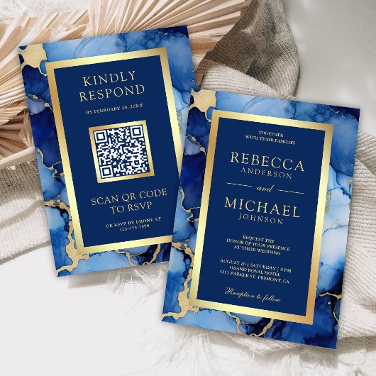 Royal Blue Gold Fluid Ink QR Code Wedding 招待状