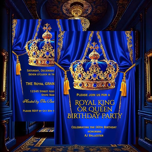 Royal Blue Gold King Queen Crown Birthday Party 招待状