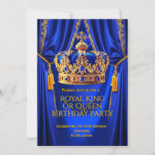 Royal Blue Gold King Queen Crown Birthday Party 招待状 (正面)