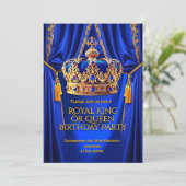 Royal Blue Gold King Queen Crown Birthday Party 招待状 (スタンド正面)