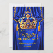 Royal Blue Gold King Queen Crown Birthday Party 招待状 (正面)