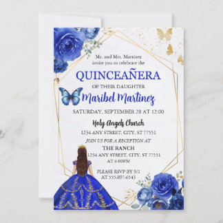 Royal Blue Gold Quinceanera Birthday Invitation 招待状
