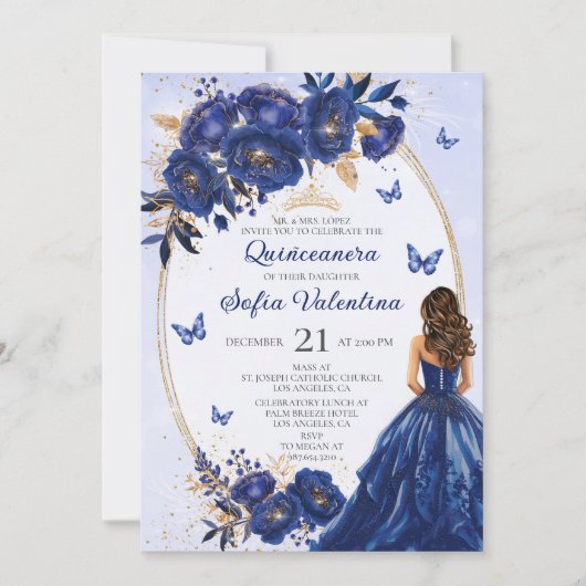 Royal Blue & Gold Quinceañera Invitation 招待状 (正面)