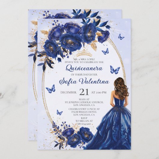 Royal Blue & Gold Quinceañera Invitation 招待状 (正面/裏面)