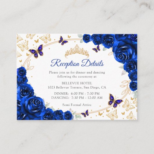 Royal Blue Gold Quinceanera Reception Details エンクロージャーカード (正面)