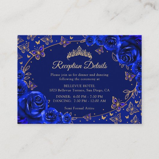 Royal Blue Gold Quinceanera Reception Details エンクロージャーカード (正面)