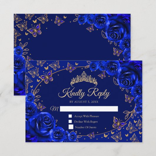 Royal Blue Gold Quinceanera Reply 出欠カード (正面/裏面)