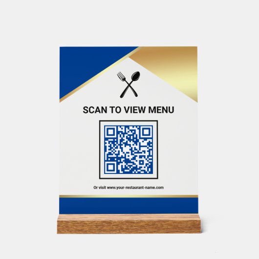 Royal Blue Gold Restaurant Digital QR Code Menu アクリルサイン (正面)
