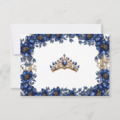 Royal Blue Golden Tiara Floral Quinceañera サンキューカード (裏面)