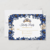 Royal Blue Golden Tiara Floral Quinceañera 出欠カード (正面)