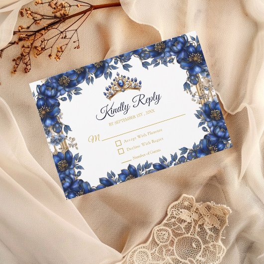 Royal Blue Golden Tiara Floral Quinceañera 出欠カード