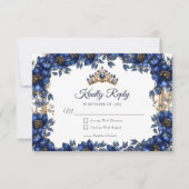Royal Blue Golden Tiara Floral Quinceañera 出欠カード (正面)