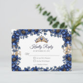 Royal Blue Golden Tiara Floral Quinceañera 出欠カード (スタンド正面)